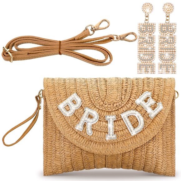 Handbags - 5380 Bride Straw Shoulder Bag Beach Purses with Rhinestone Bride Earrings